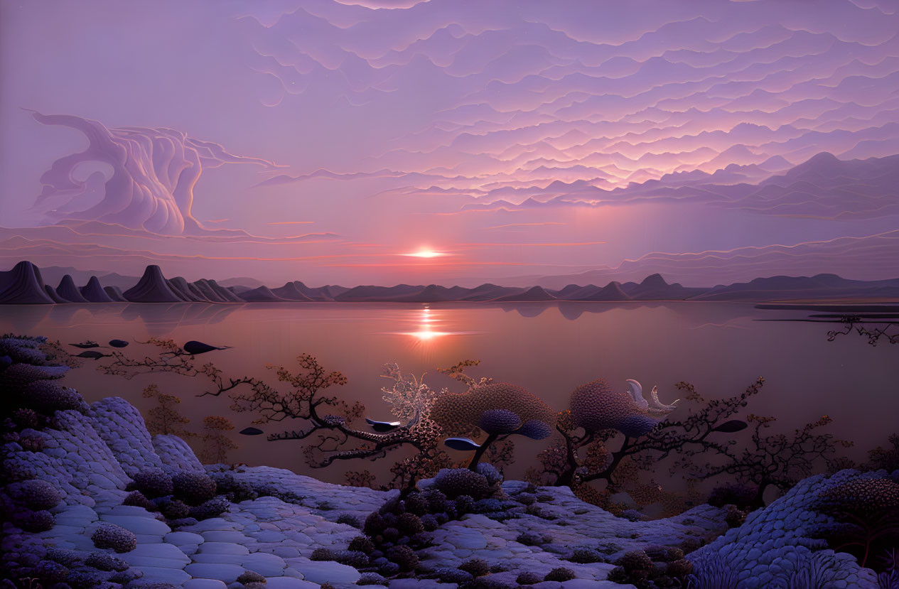 Surreal sunset landscape: purple clouds, silhouetted mountains, reflective lake.