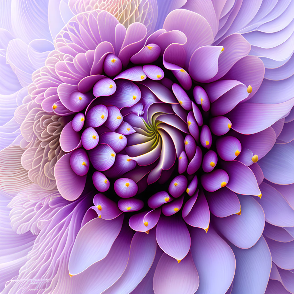 Fractal digital art: Vibrant purple chrysanthemum with golden highlights