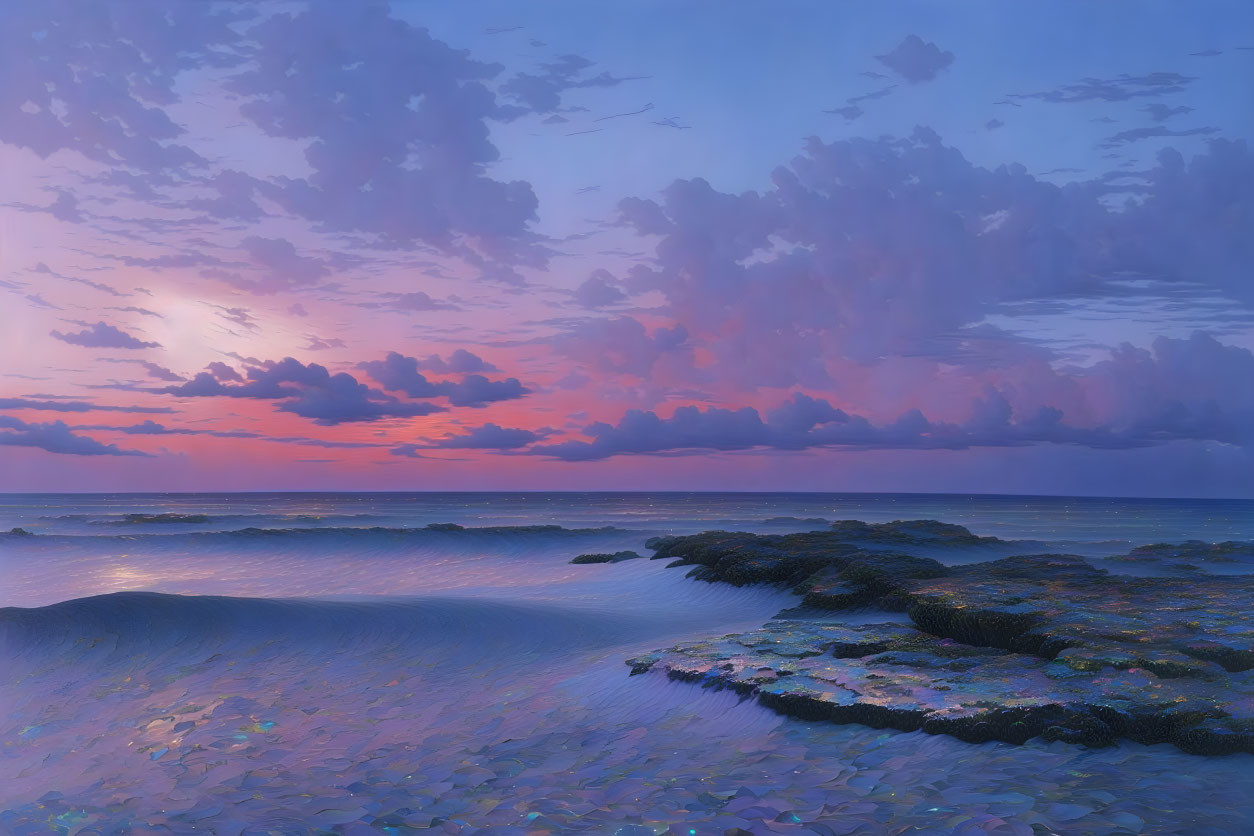 Tranquil pastel sunrise over rocky shoreline