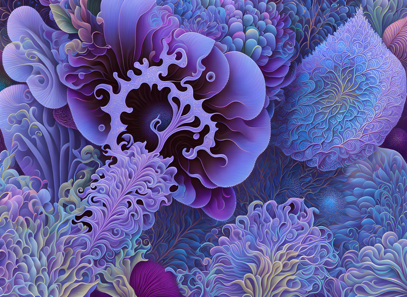 Colorful digital artwork: intricate floral shapes in blue, purple, and violet