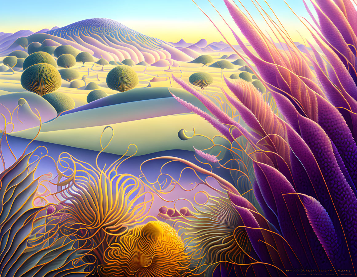 Colorful surreal landscape with rolling hills and golden coral-like structures