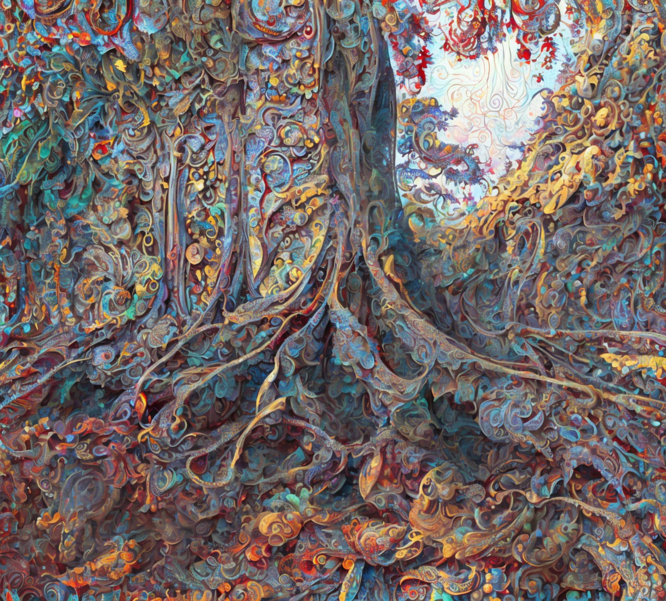 Detailed surreal tree with vivid colors and fractal-like patterns