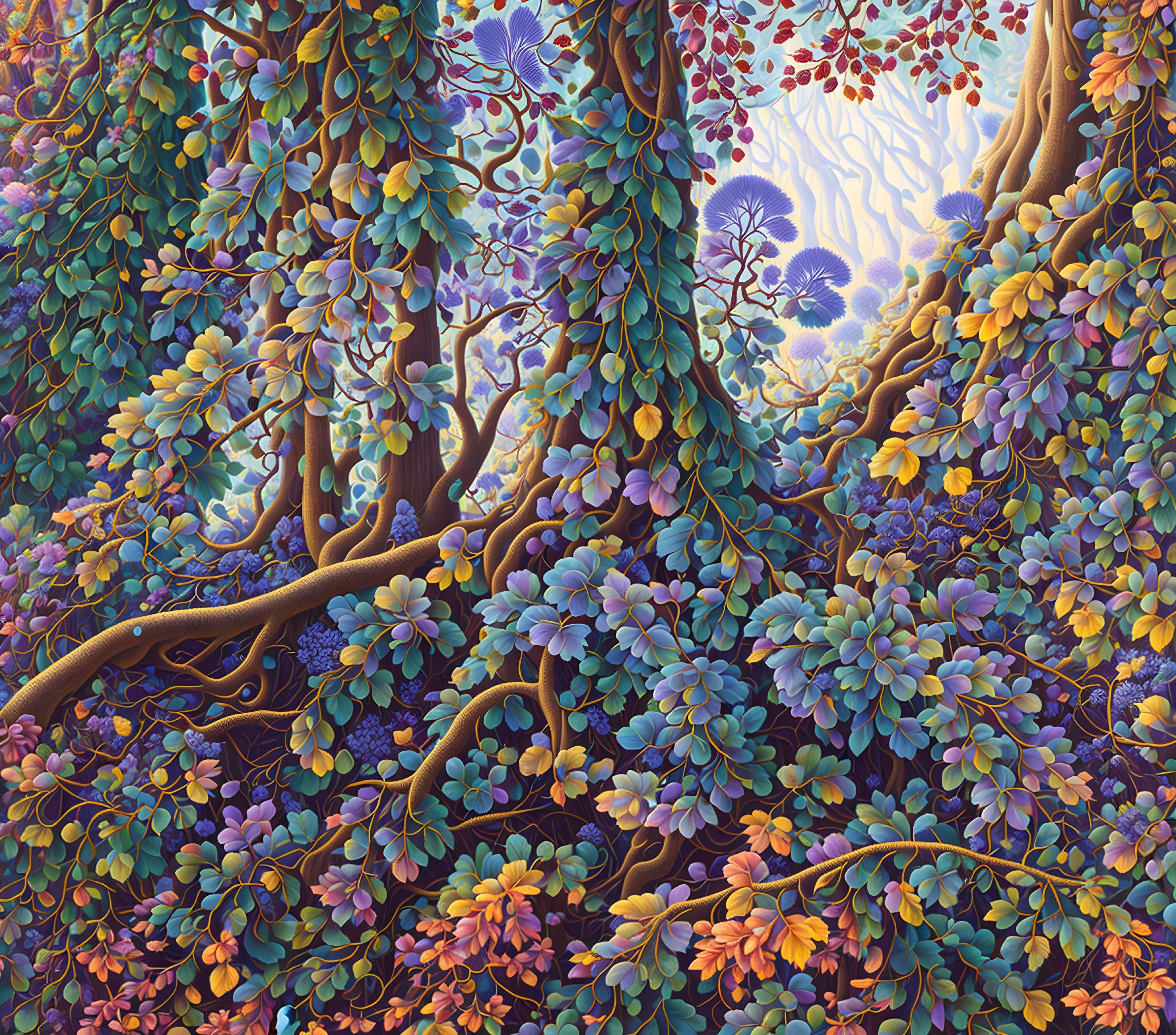 Detailed illustration of vibrant, dense forest with twisted tree trunks and intricate foliage