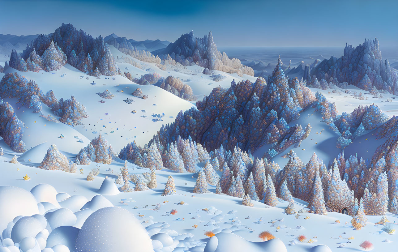 Snowy hills, forest trees, and clear sky in serene winter scene