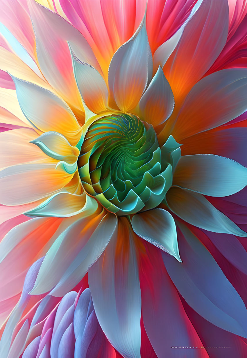 Colorful digital art: Blooming flower with warm and cool gradient swirls