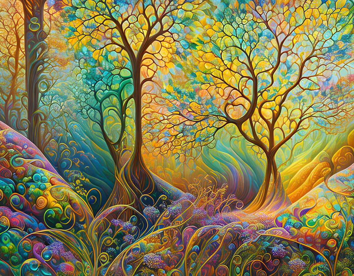 Colorful whimsical forest scene with stylized trees and intricate flora