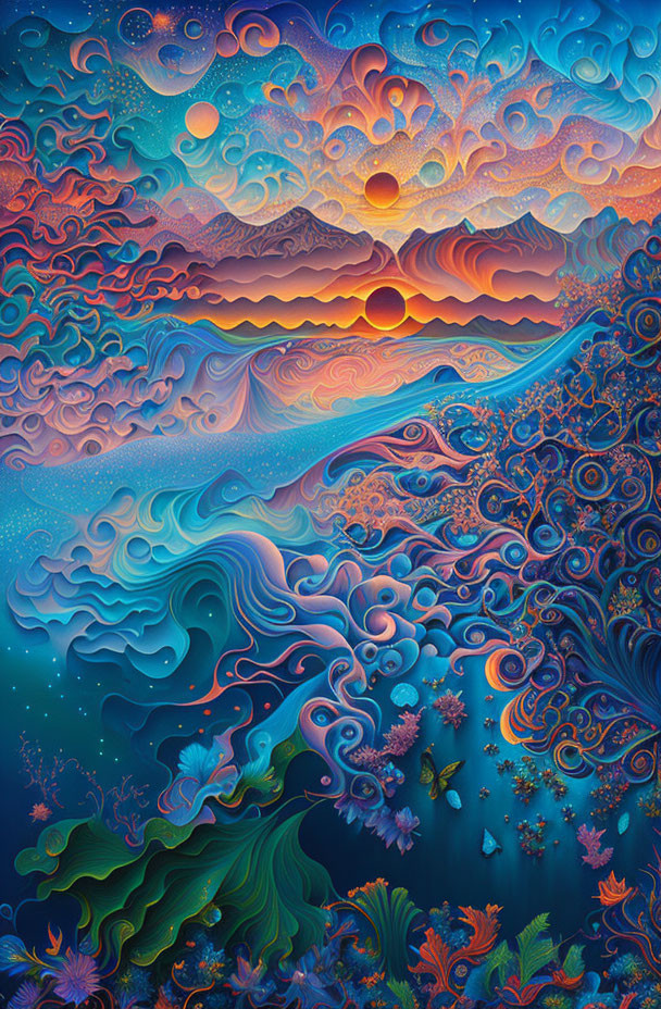 Colorful Fantastical Seascape with Swirling Patterns and Exotic Marine Life