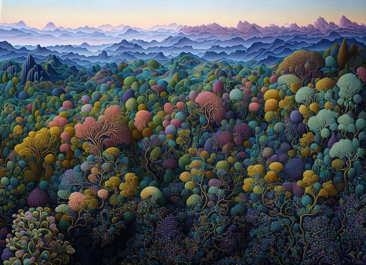 Colorful Forest Painting with Spherical Trees & Blue Mountains