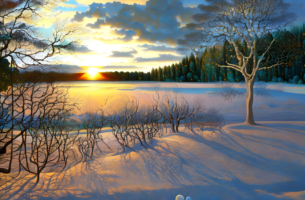 Snow-covered winter landscape at sunset with bare trees and warm sunlight.