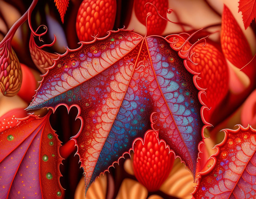 Colorful digital art with leaf-like patterns in reds and blues and a fantasy fractal design