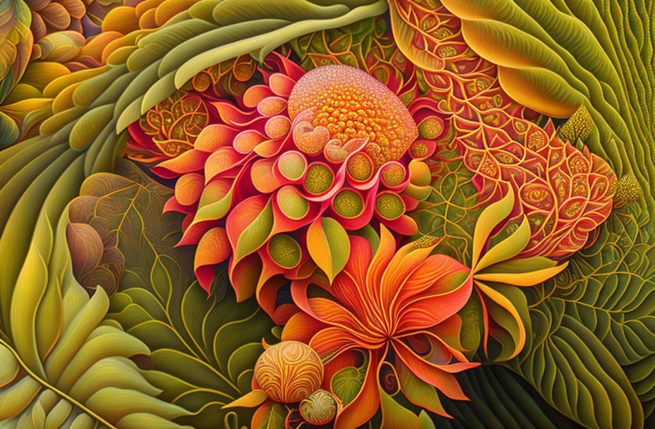 Colorful botanical painting with layered flowers and leaves in warm tones