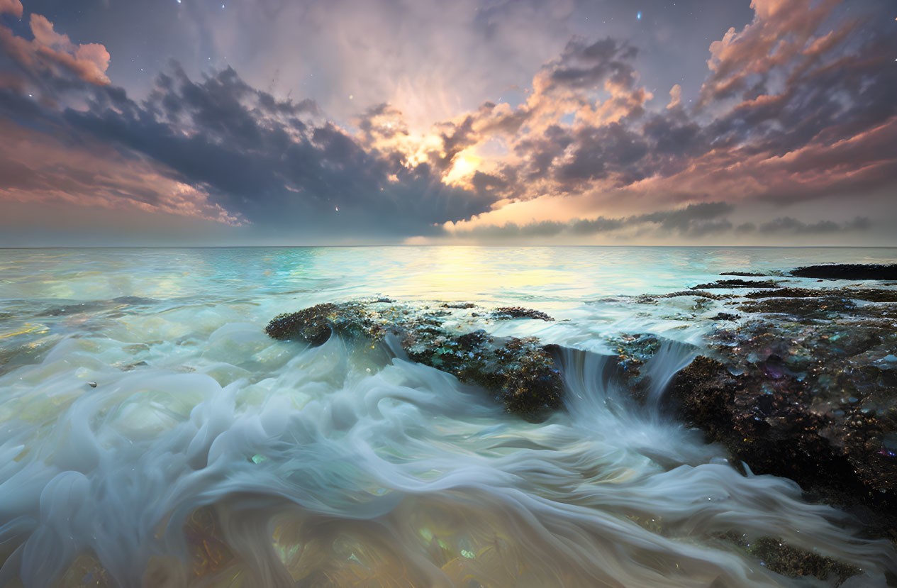 Vibrant sunset over serene tide pool with scattered clouds