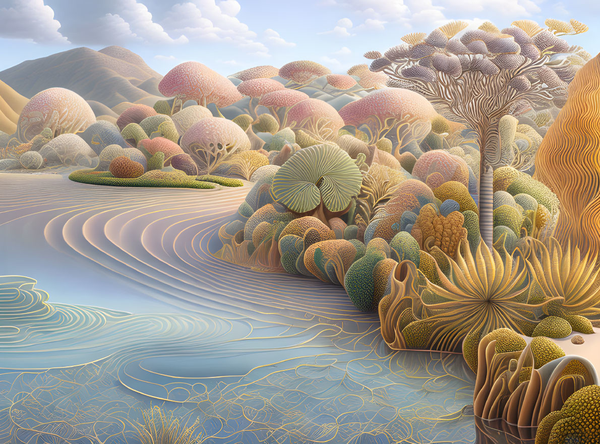 Stylized surreal landscape with textured flora and flowing patterns