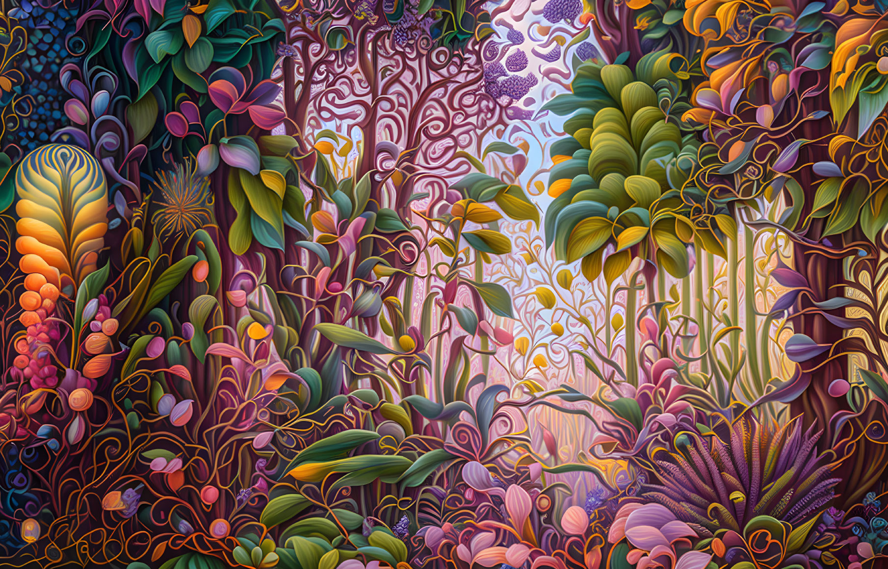 Detailed Illustration: Enchanted Forest with Vibrant Foliage