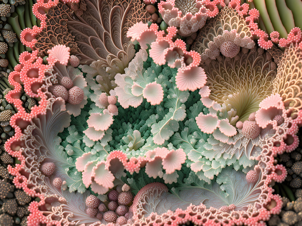 Intricate fractal image: Leaf-like patterns in pink, green, and brown.