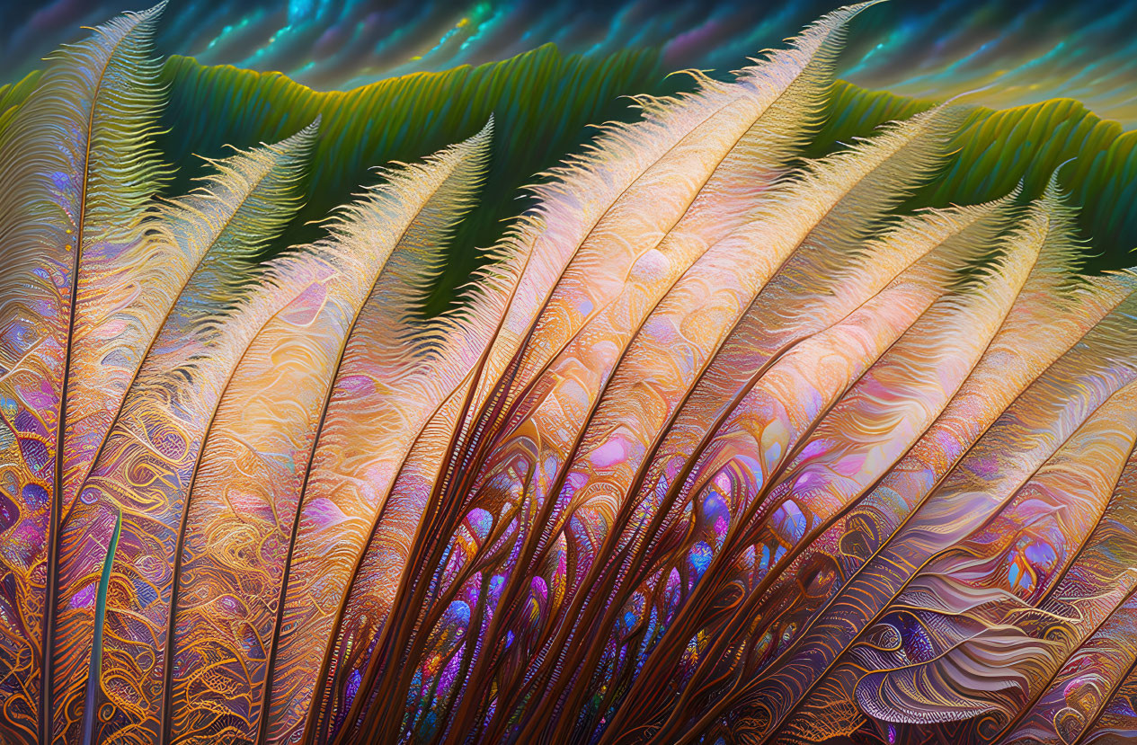 Colorful abstract fractal art with intricate feather-like patterns and warm gradient hues on a cool, w