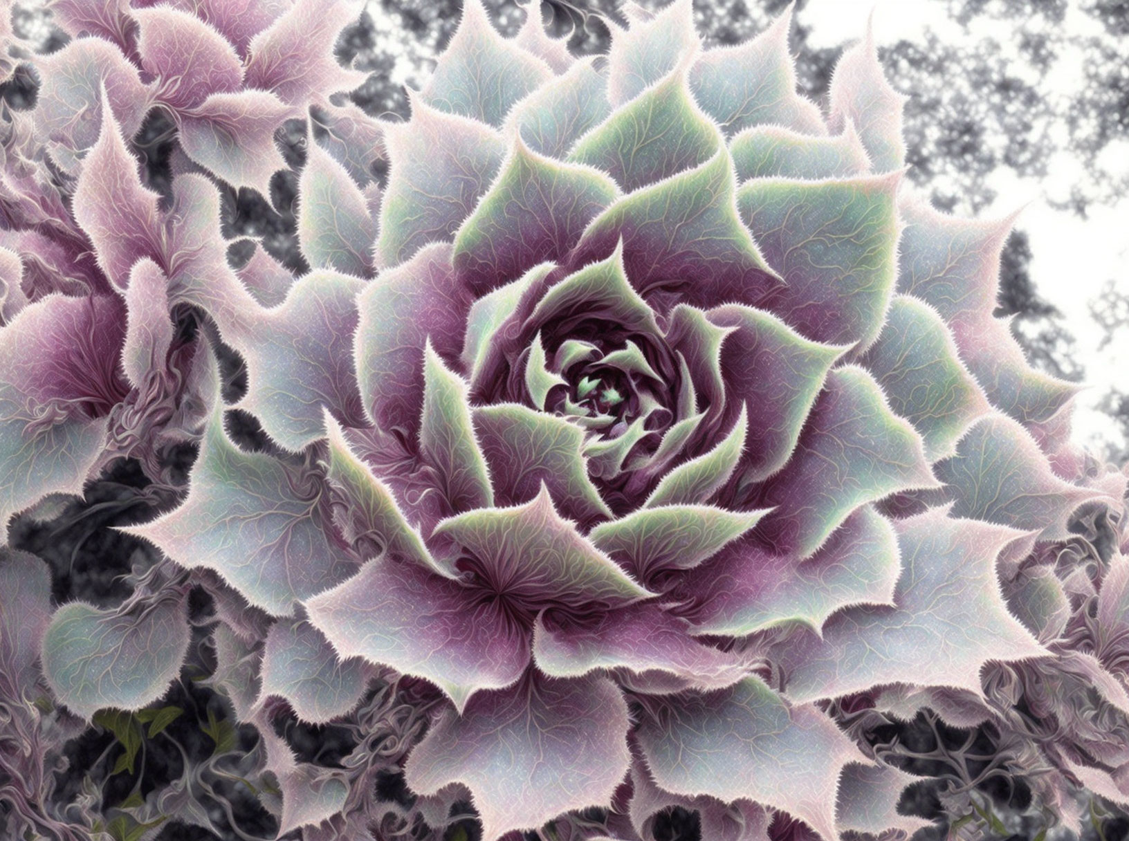 Fractal-like purple and green succulent plant in dreamy style