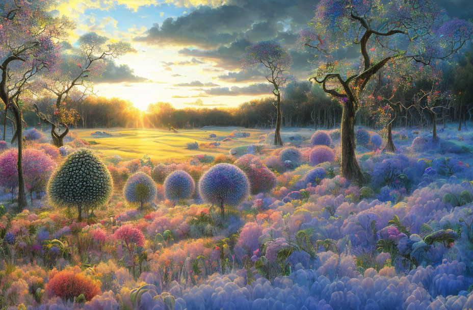 Colorful Fantasy Landscape with Flowering Trees and Meadow at Sunset