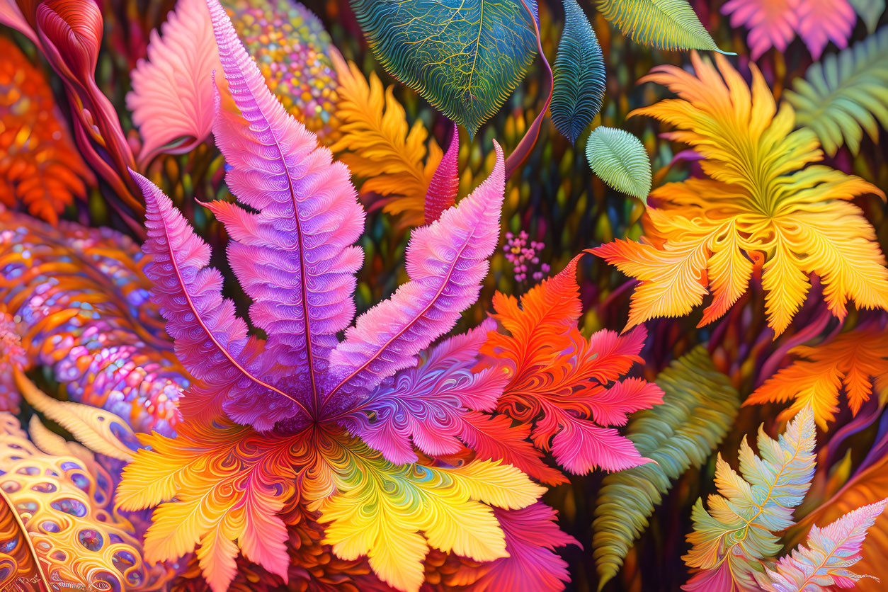 Colorful digital artwork of intricately patterned leaves in purple, orange, yellow, and green