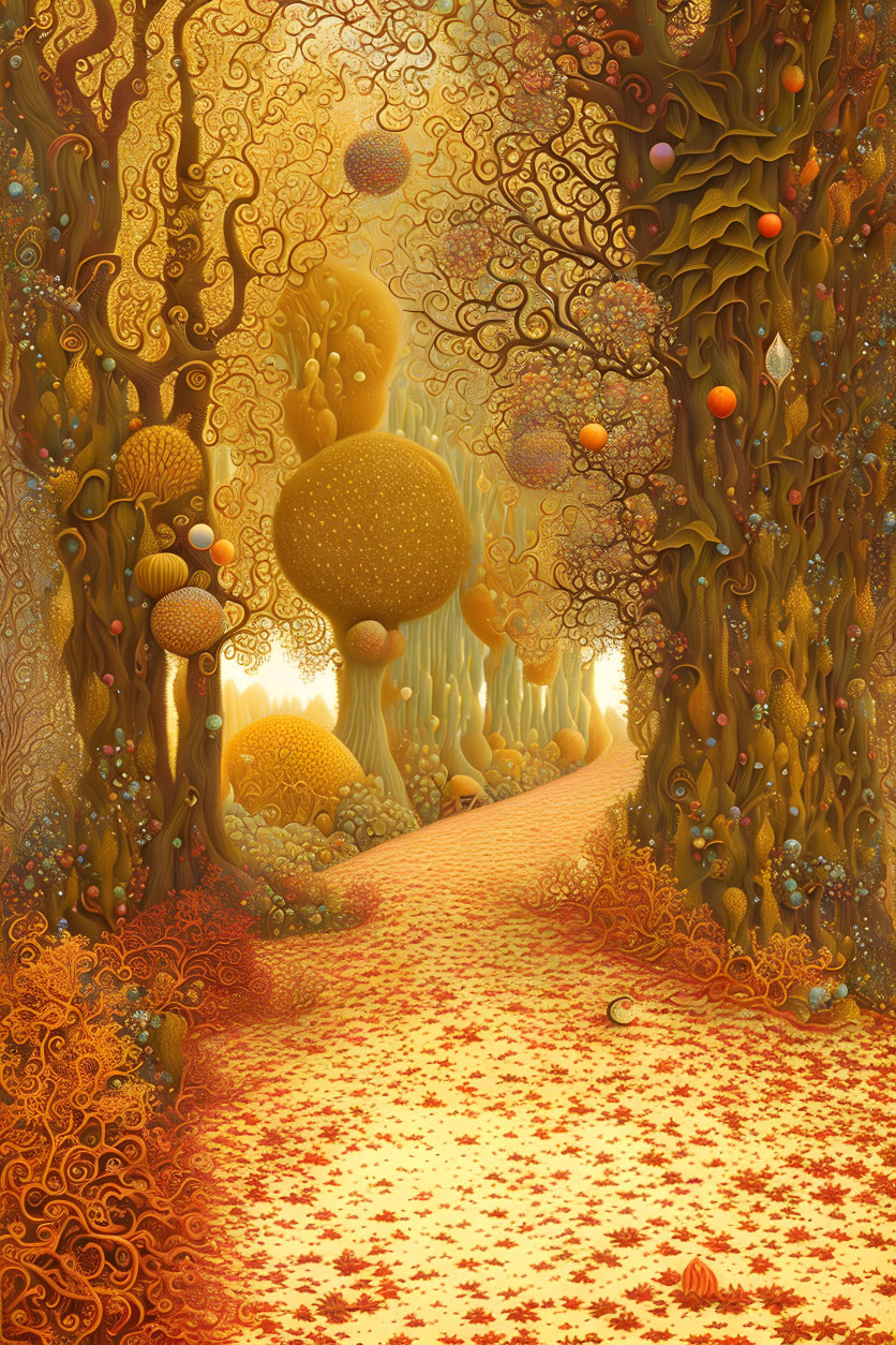 Enchanting forest path with ornate trees and fantasy mushrooms in orange and yellow hues