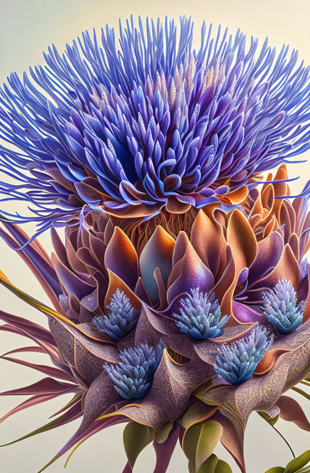 Detailed Stylized Flower Illustration with Blue & Purple Petals