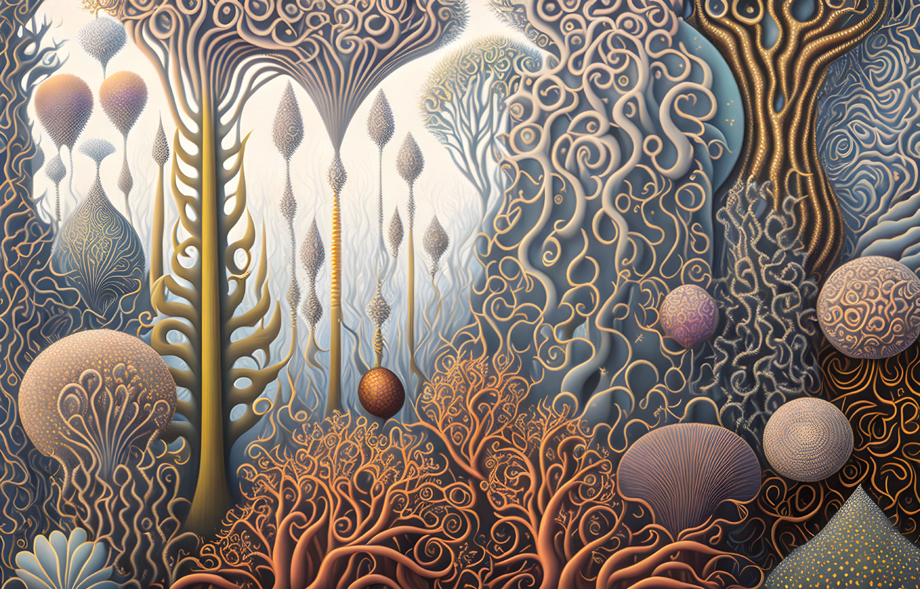 Intricate surreal artwork: Fantastical forest with organic shapes