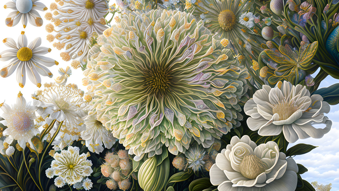 Detailed Floral Painting with Diverse Flowers on Sky Background