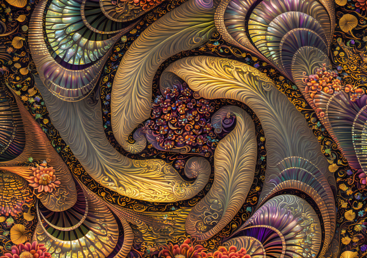 Intricate fractal image with vibrant colors and swirling designs