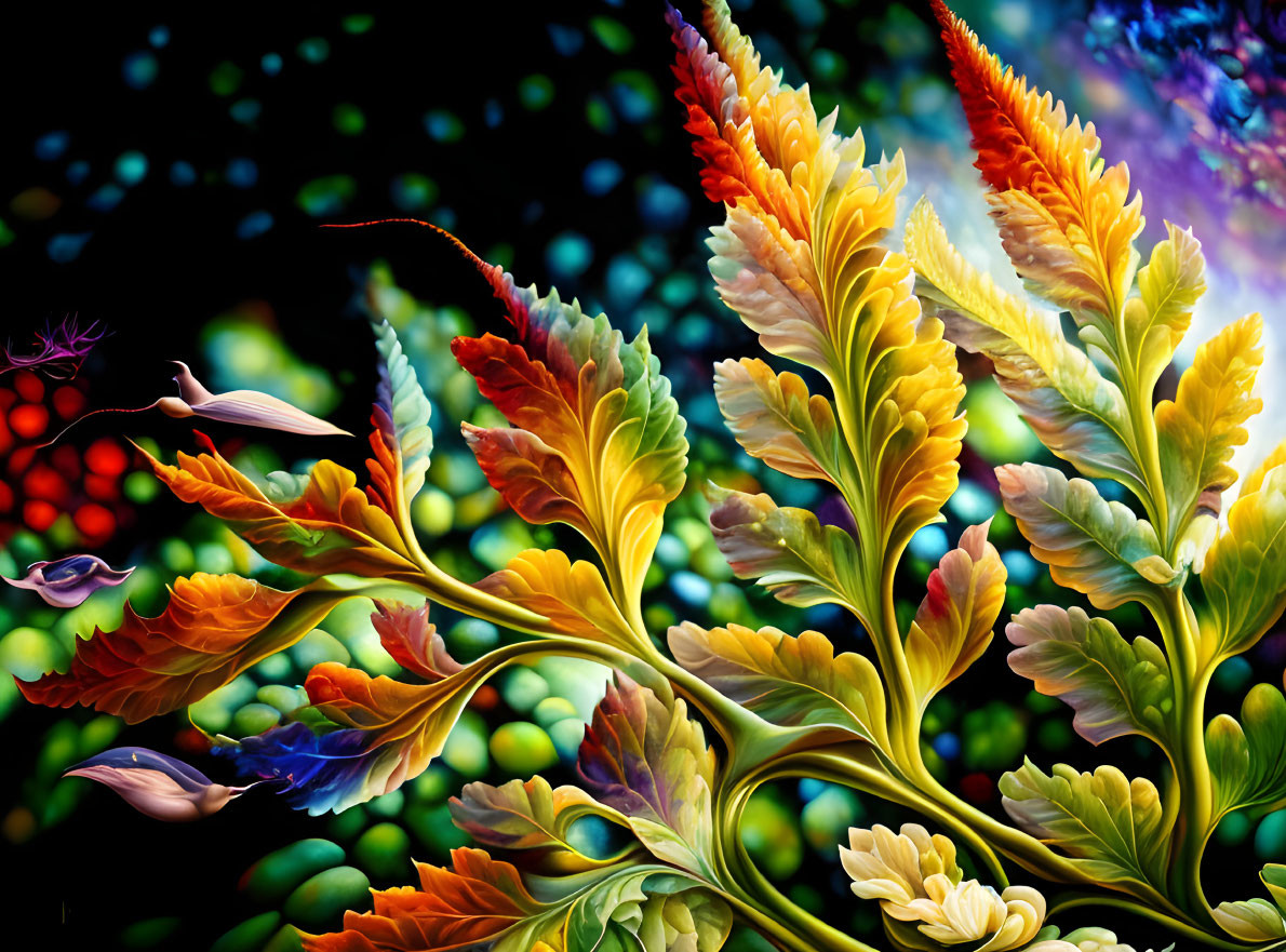 Colorful digital artwork: Stylized plants with feather-like leaves on dark bokeh background