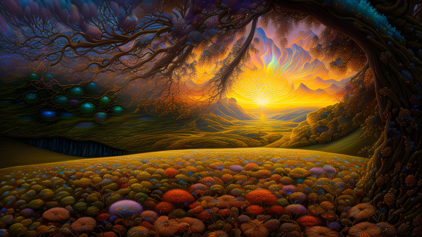 Colorful fantasy landscape with sunrise, mountains, flora, and mystical tree.