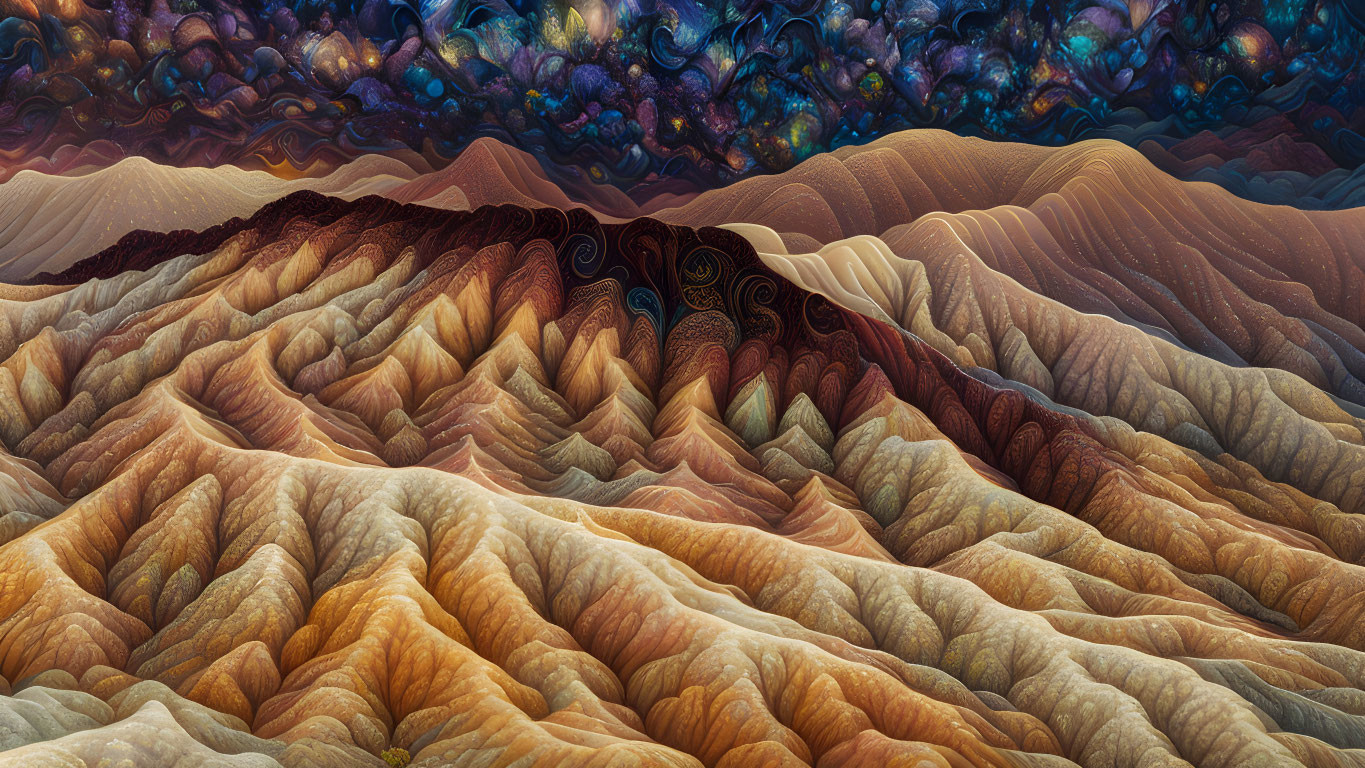 Vivid surreal landscape with colorful textured hills and swirling sky