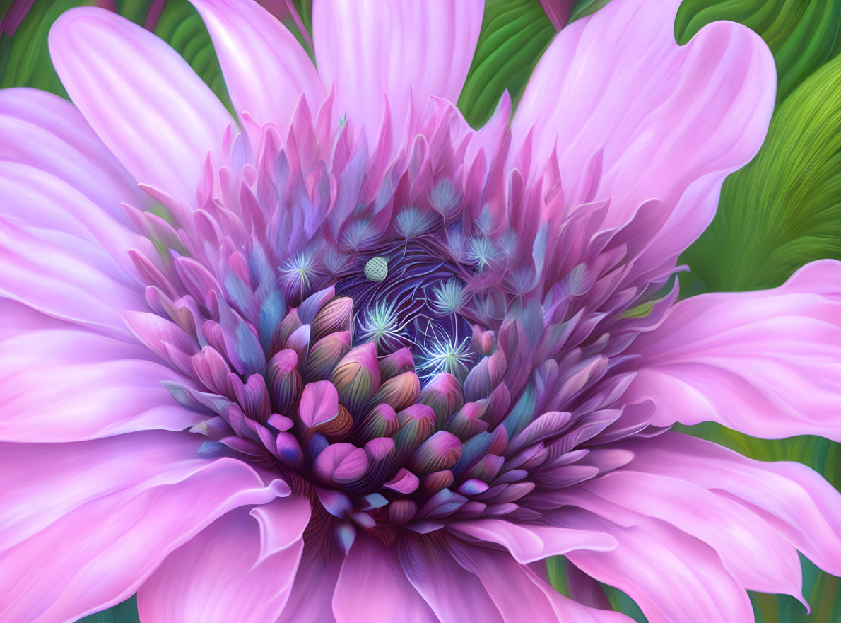 Vibrant pink flower close-up with fractal-like center on green backdrop