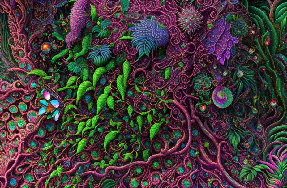 Colorful digital fractal art with green, purple, and blue organic patterns.