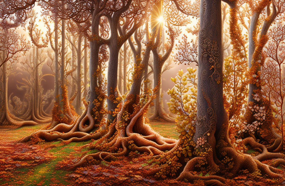 Twisted ornate trees in enchanted forest with warm golden light