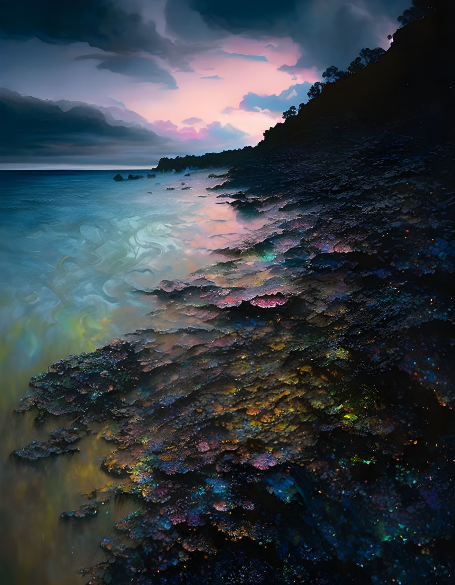 Colorful Coastal Twilight Scene: Iridescent Rocks, Calm Sea, Pink to Blue Sky