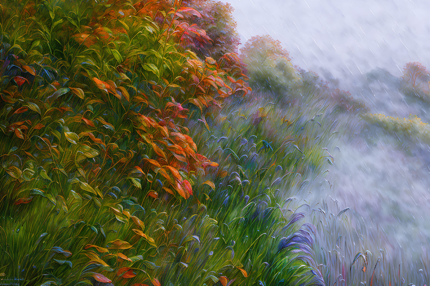 Colorful Impressionistic Painting of Rain-Soaked Foliage