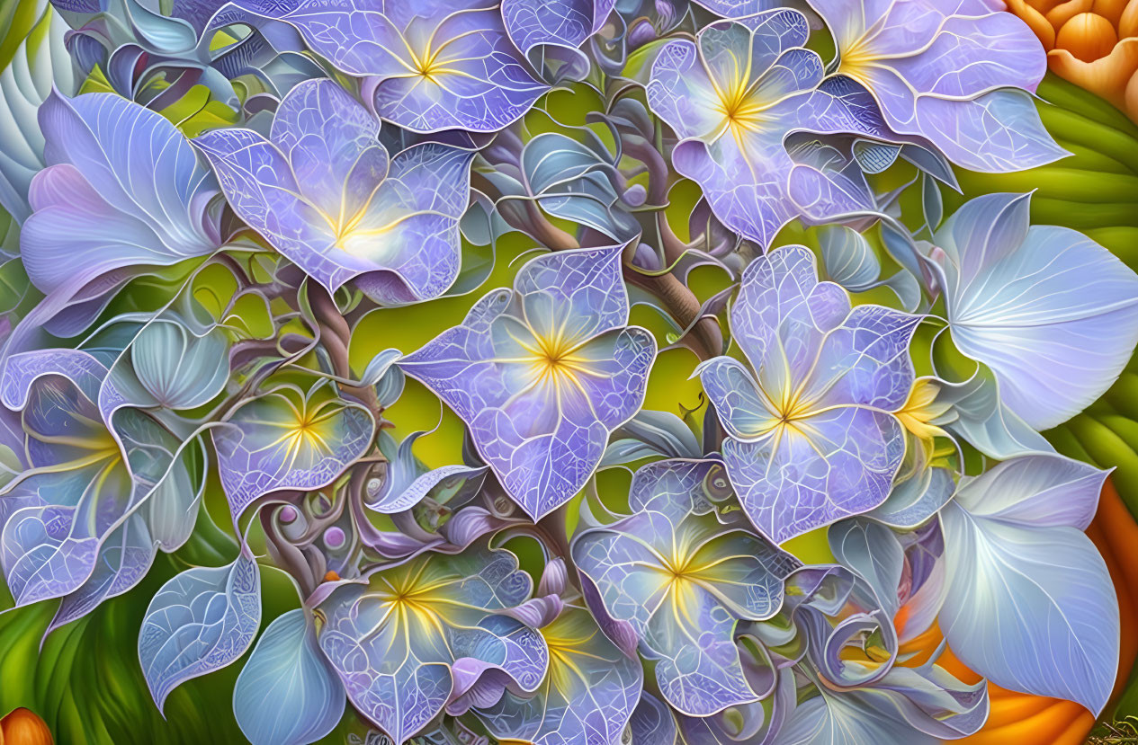 Vibrant digital artwork of blue hydrangea flowers on green foliage