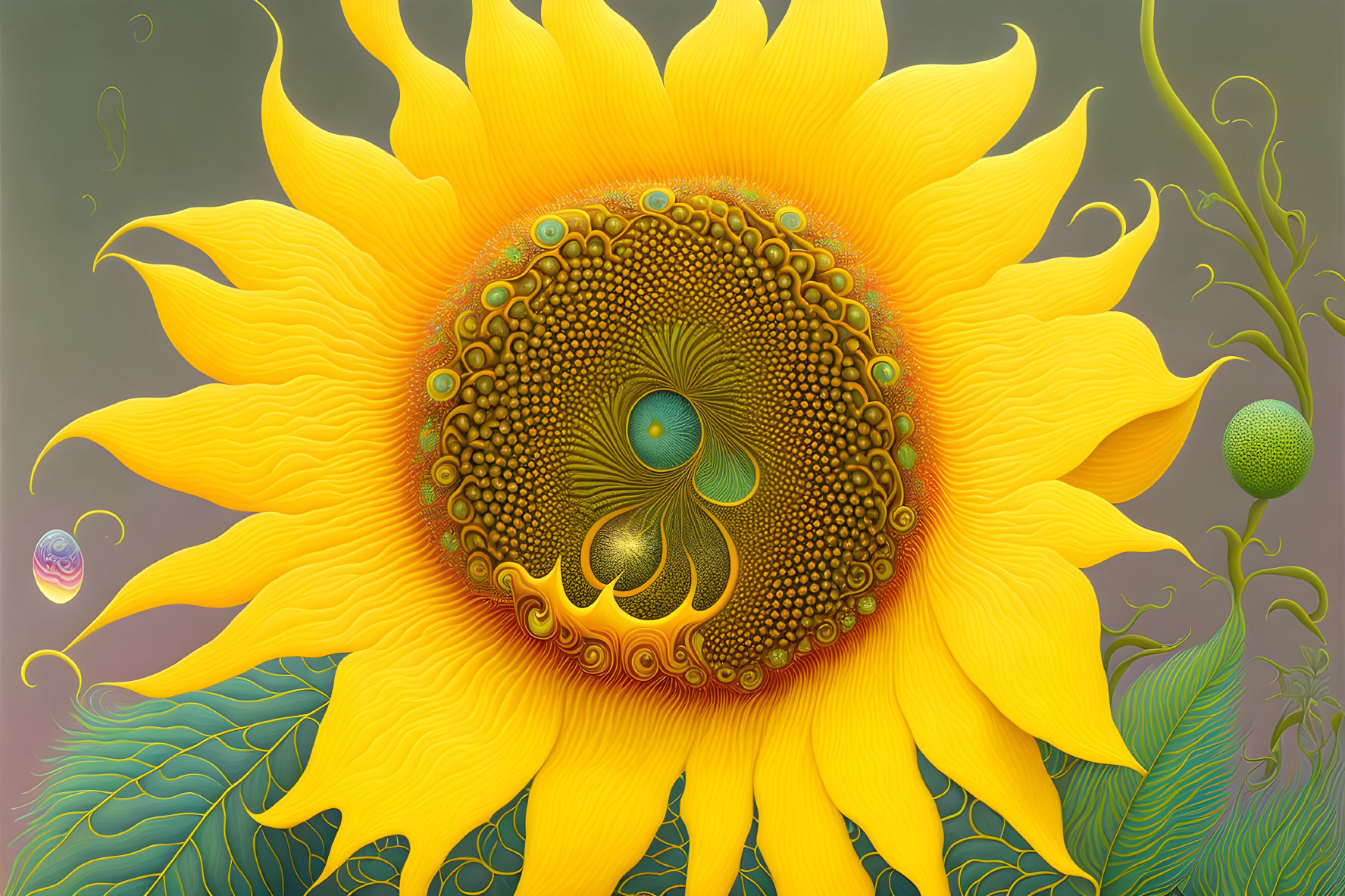 Colorful surreal sunflower with fractal center and whimsical foliage on gradient background