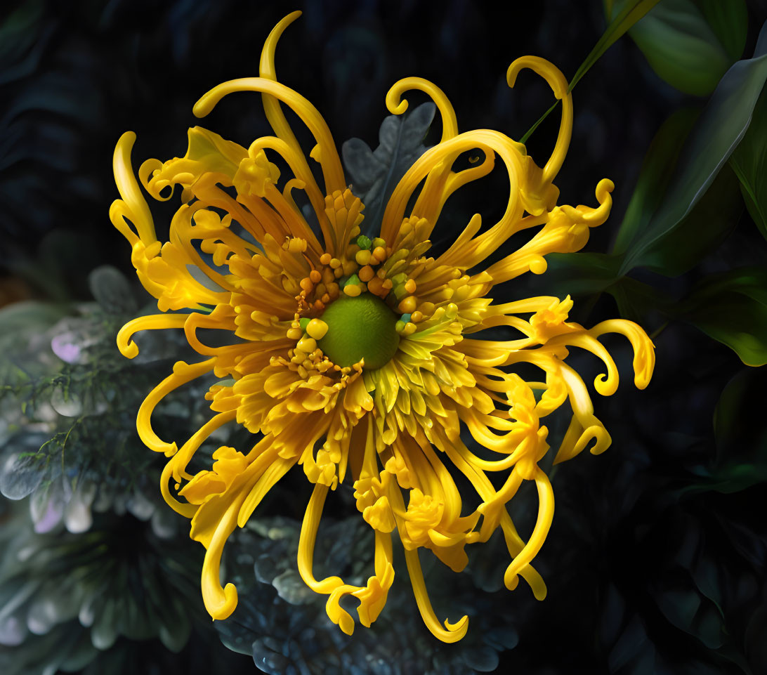 Yellow Spider Chrysanthemum Flower on Dark Leafy Background