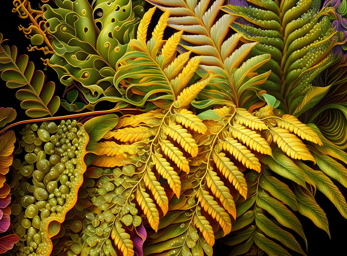 Colorful digital artwork: intricate leaf patterns in gold, green, and purple.