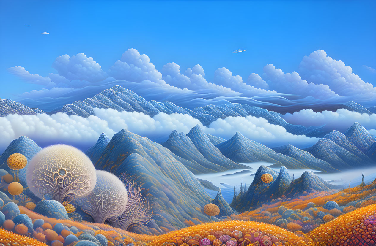 Surreal landscape with blue hills, white clouds, and colorful vegetation