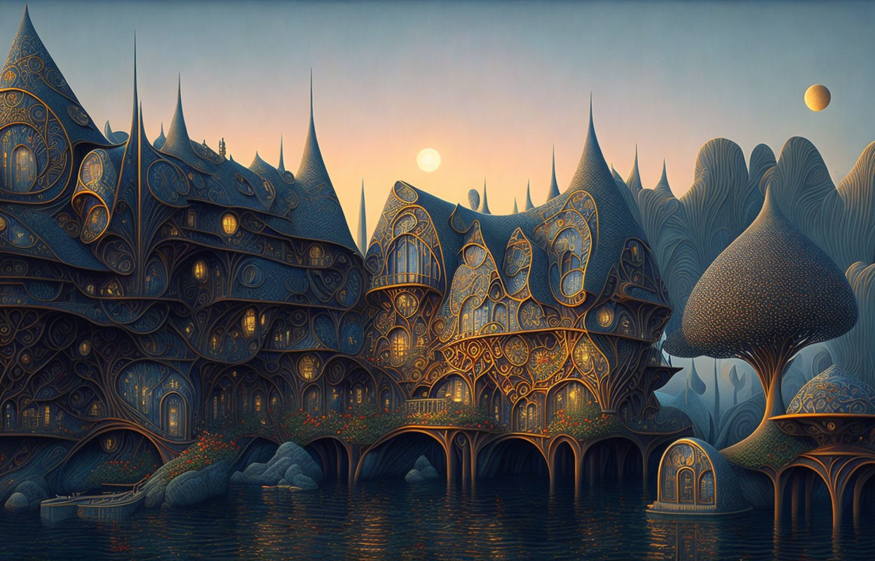 Fantasy landscape at dusk with ornate buildings, river, and stylized trees