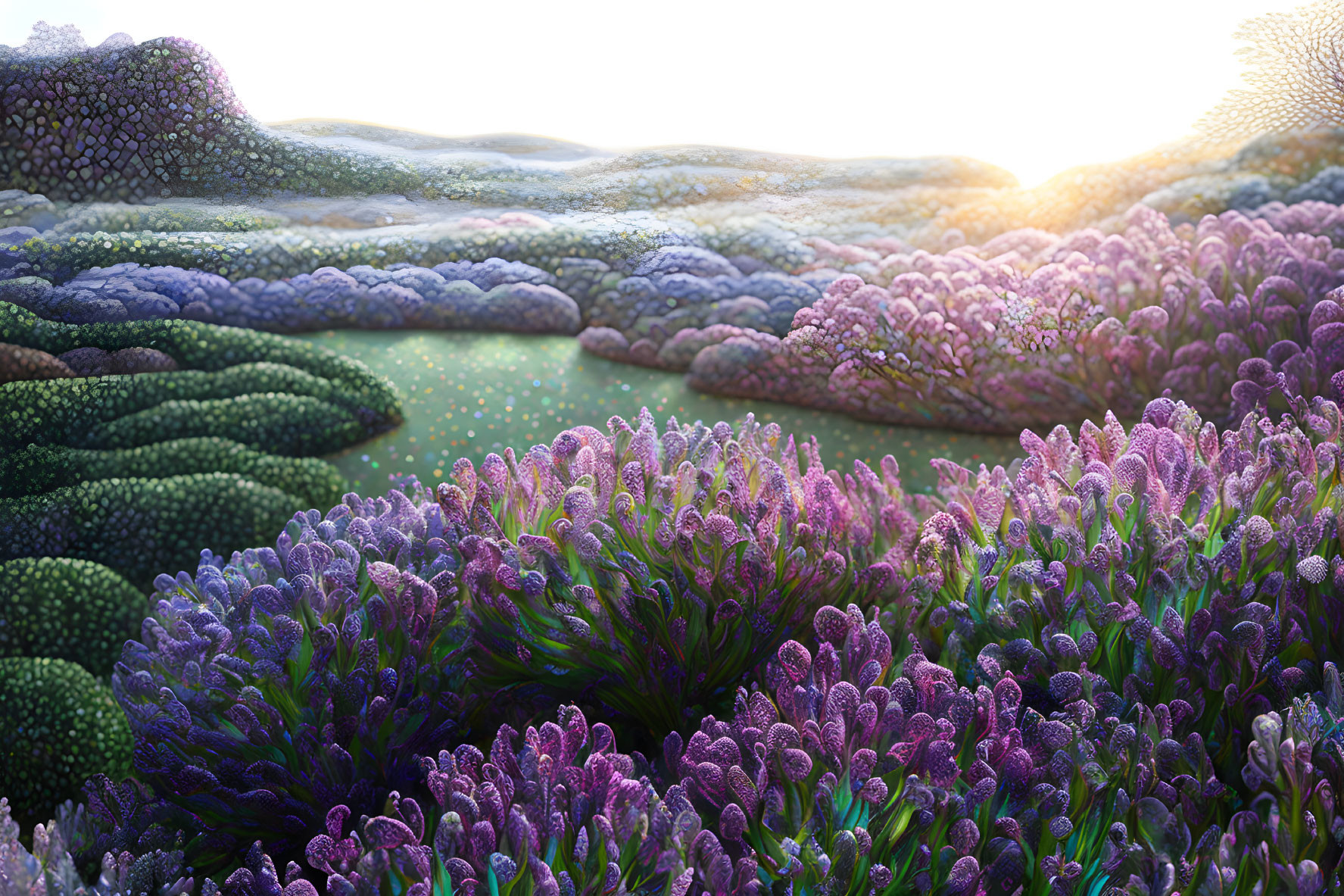 Vibrant landscape with colorful flora under warm sunlight