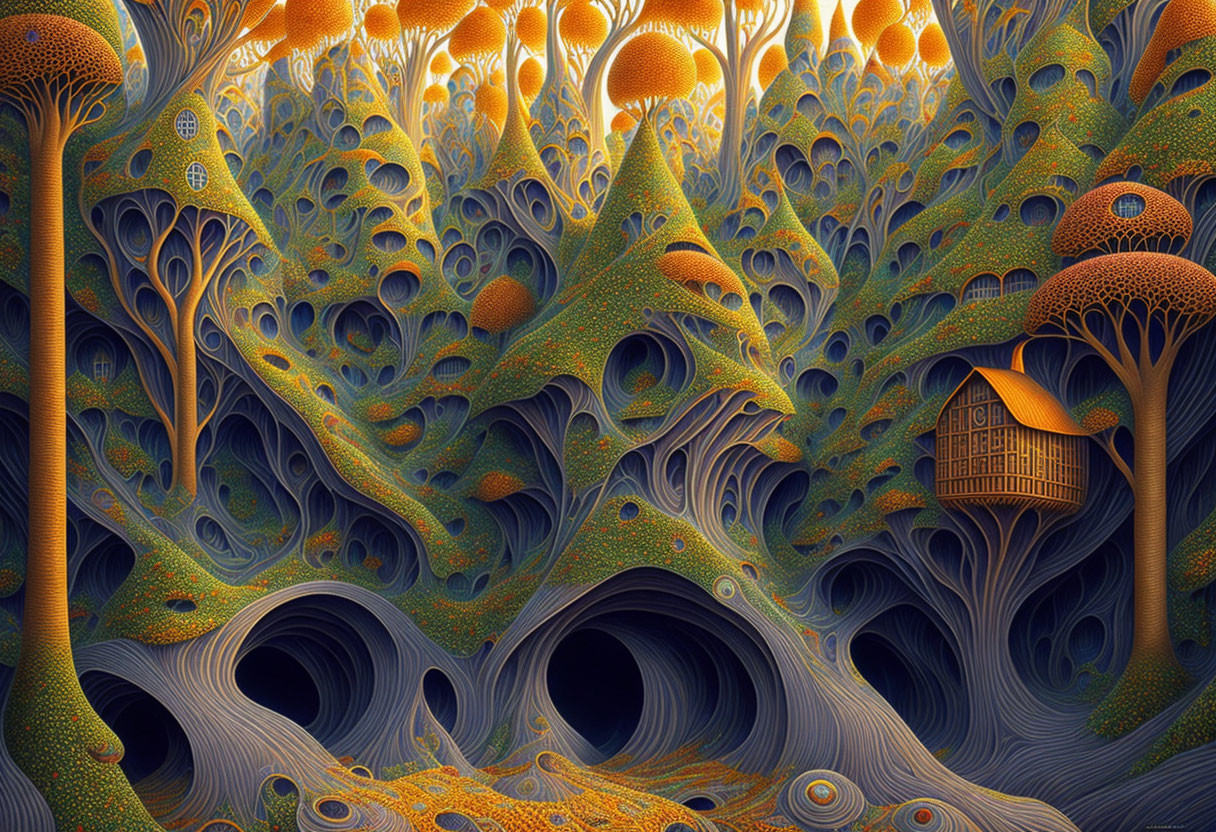 Fractal landscape with mushroom-like structures and a cabin on a ledge