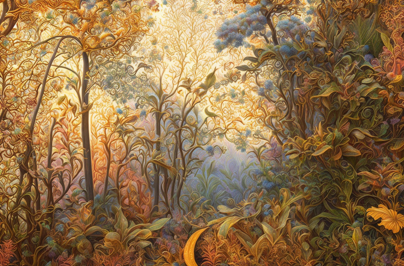 Detailed swirling tree patterns in vibrant forest scene