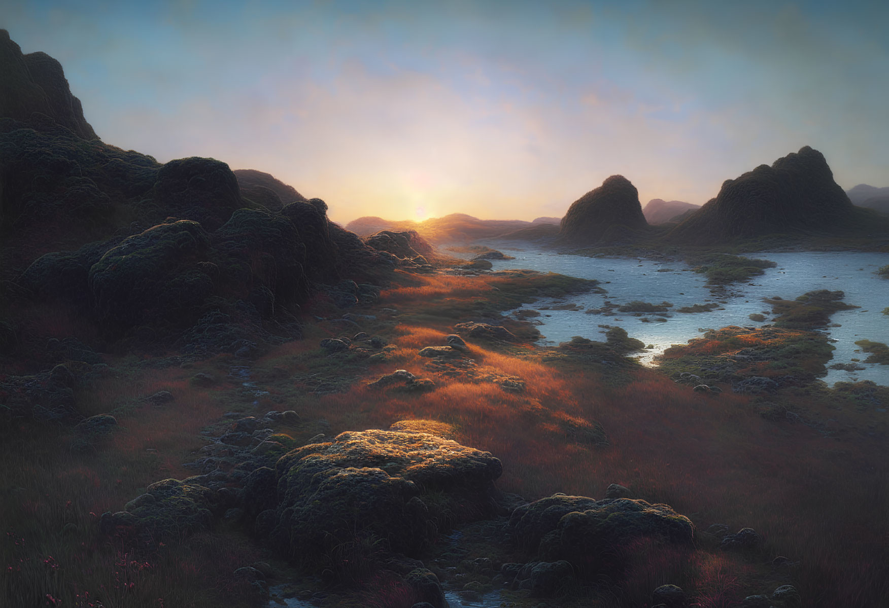 Misty Landscape with Moss-Covered Rocks and Golden Sunlight