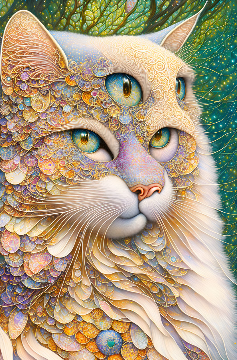 Detailed colorful cat illustration with intricate patterns and textures against stylized trees