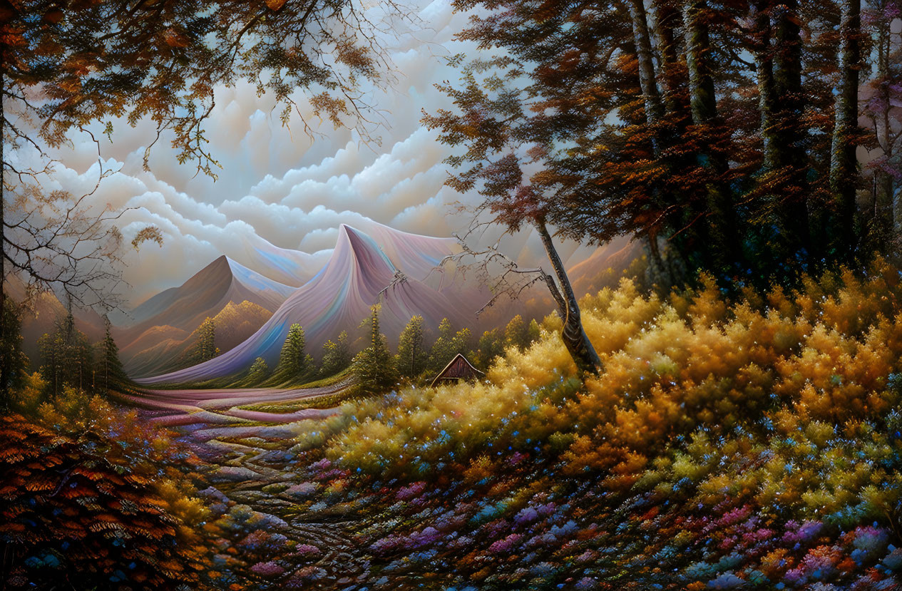 Colorful Flora, Mountain Path, Cabin in Woods: Whimsical Landscape Scene