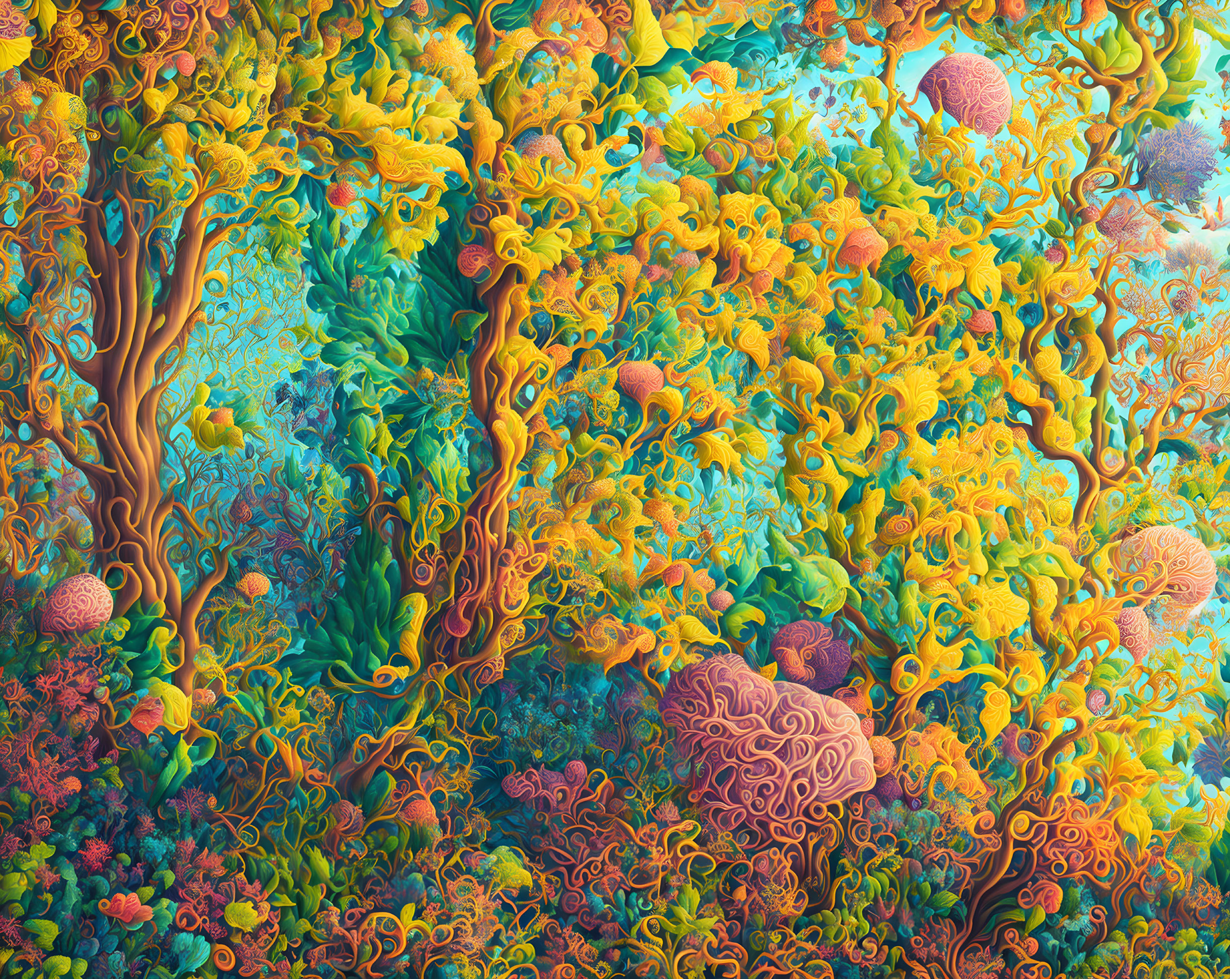 Colorful Psychedelic Forest Scene with Swirling Tree Patterns