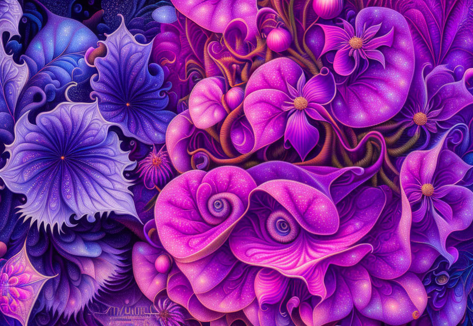 Colorful digital art: Fantastical flowers, swirls, purple, and blue patterns